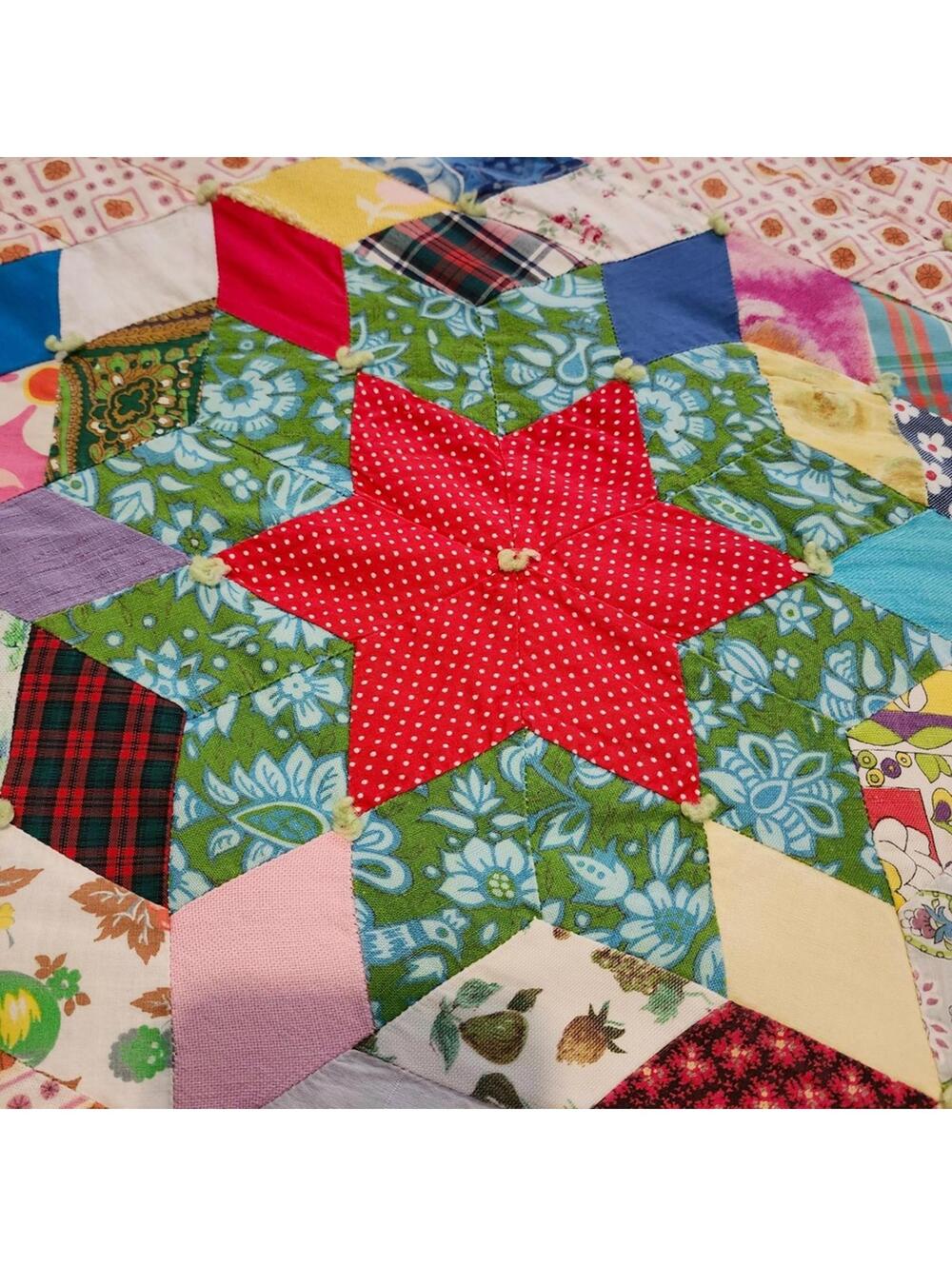 Handmade Patchwork Quilt Vintage Starburst Pattern Colorful Throw Blanket 62x88 - Picture 5 of 9